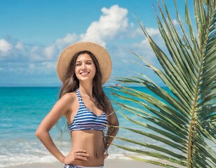 A woman posing on the beach, wearing a beach cover-up, hat, and glasses. Posing in front of a coconut tree on the beach