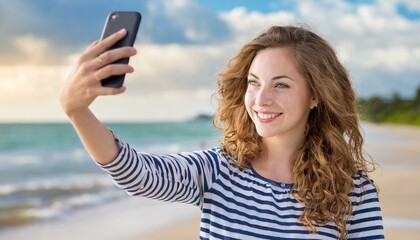 A woman wearing a hat takes a selfie photo in front of a beach.