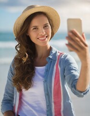 A woman wearing a hat takes a selfie photo in front of a beach.