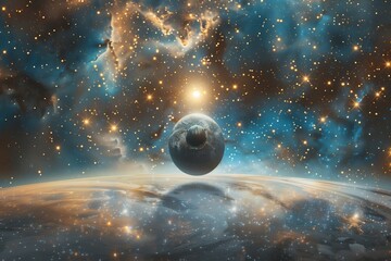 An artistic composition featuring a worker helmet floating above a globe, both set in a space of infinite stars and soft cosmic light. 