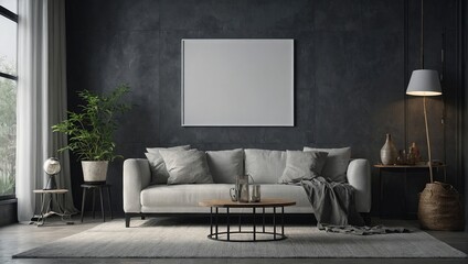 Empty white canvas on the gray wall, living room concept with home decoration