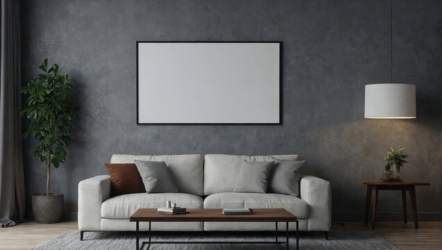 Empty white canvas on the gray wall, living room concept with home decoration