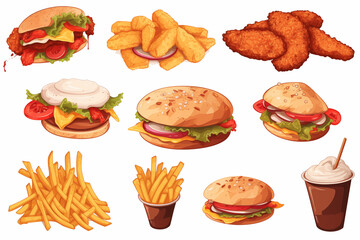 A colorful and appetizing of assorted fast food items, including burgers, fries, chicken nuggets, and a milkshake, perfect for food-related graphics and menus