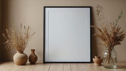  frame on beige wall mock up, vertical wooden poster frame on wall, mock up for picture or photo frame, empty frame on bright wall with dried plants - obrazy, fototapety, plakaty
