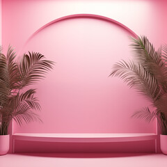 Fototapeta na wymiar A stylish and vibrant pink scene with an archway framed by lush tropical palm leaves, ideal for modern and fresh design concepts