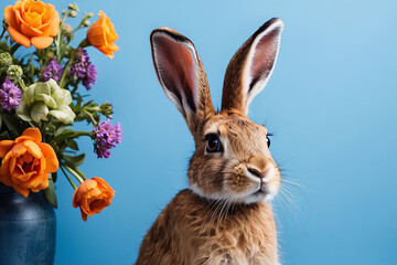 Obraz premium Easter greeting card, fluffy rabbit with flowers on blue background