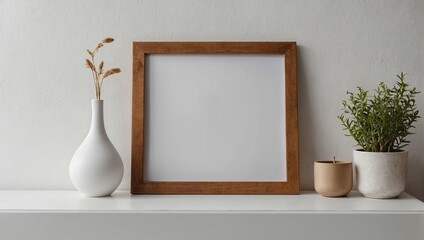 Minimal wooden picture empty poster frame mockup on white wallpaper