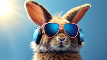 fluffy bunny in headphones and sunglasses on blue sunny background