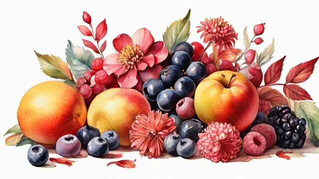 Watercolor flower cluster mixed fruits isolated on white background