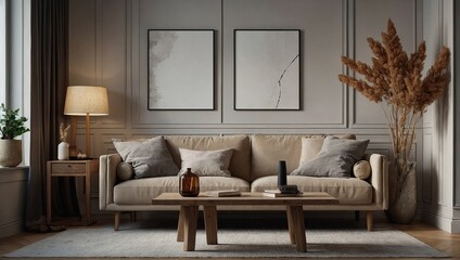 Minimalist composition of stylish living room interior with wooden commode, design paper table lamp, dried flowers in vase