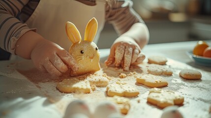 Child cooking Delicious Easter cookie bunny in the kitchen