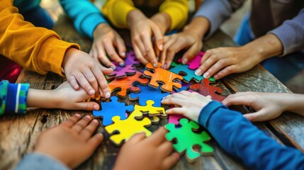 A vibrant image of young children's hands working together to solve a colorful puzzle, highlighting teamwork and problem-solving. 