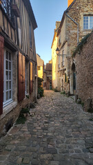 Vertical photo of the picturesque cobbled alley of the old town of Le Mans in France, the houses are made of stone and it is sunset with golden light