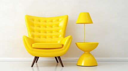 Yellow leather chair stands next to yellow table and yellow lamp. Cozy interior design. Illustration for cover, postcard, decoration, advertising, marketing or presentation.