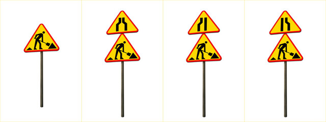 Road signs 3D , road works are underway and road narrowing - right, left , isolated on white background (signs A-14 A14 - A-12a A12a A-12b A12b A-12c A12c  ) - obrazy, fototapety, plakaty