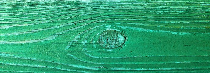 A board painted green from pine wood damaged under the influence of weather conditions