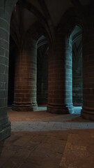 Impressive stone columns supporting the church of Mont Saint Michel in France. It is a dark and...