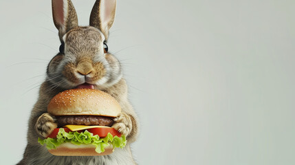 fluffy bunny holding a big cheeseburger, Easter card with space for text