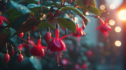 Closeup view of the pink fuchsia flower with green leafs. Floral background. Illustration for cover, card, postcard, interior design, banner, poster, brochure or presentation. - obrazy, fototapety, plakaty
