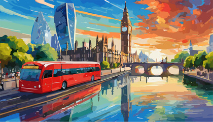 Obraz premium London city landscape with Big Ben and red bus
