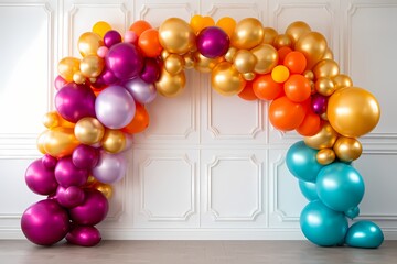 Fototapeta na wymiar A captivating display of metallic birthday balloons in vibrant colors, arranged in an elegant arch shape against a white backdrop, ready for a festive event.