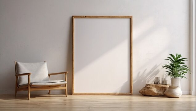 Vertical wooden frame mock up, Wooden frame poster on wooden floor with white wall