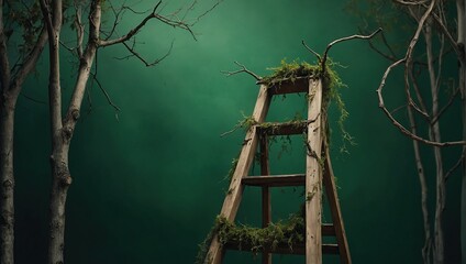 Wooden ladder with witch dry branch on green background, Minimal halloween layout