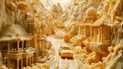 Artistic pasta city with a yellow taxi on the streets.