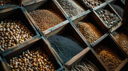 Assorted grains and legumes in wooden boxes.