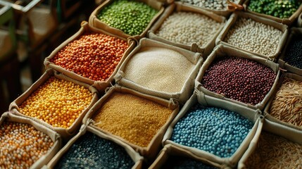 Fototapeta premium Colorful array of lentils and beans in burlap sacks.