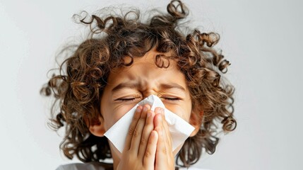 Curly-haired child using a tissue to blow their nose.