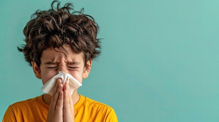 Child sneezing into a tissue with eyes closed. - obrazy, fototapety, plakaty