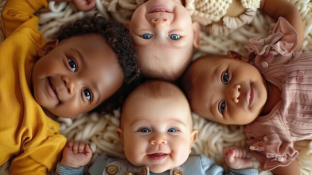 Five babies of different ethnicities lying down together.
