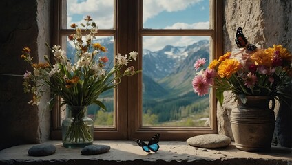 A window ledge holds empty framed , flowers, feathers, rocks, stones, and a butterfly - obrazy, fototapety, plakaty