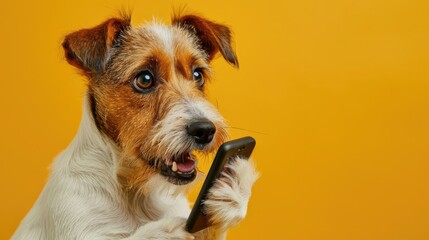 Dog with a paw on a smartphone against a vibrant yellow background.