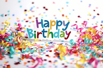 Neatly scripted "Happy Birthday" text surrounded by bursts of colorful confetti, creating a lively and celebratory scene on a clean, white background, captured with the vividness of an HD camera