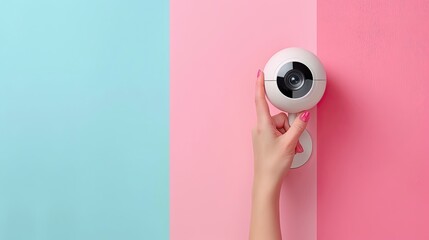 A hand installing a security camera on a dual-tone wall. - obrazy, fototapety, plakaty