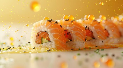 Close-up of sushi with artistic splashes and sprinkles, evoking movement and flavor.