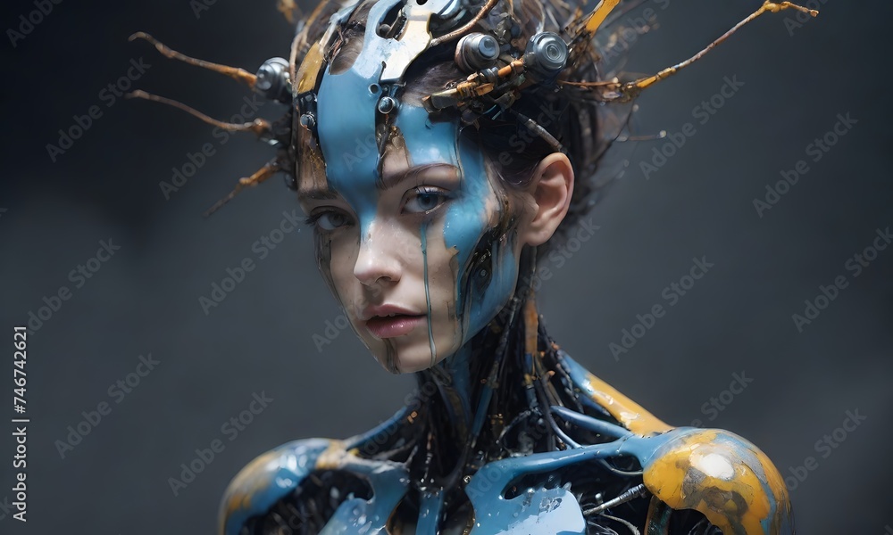 Poster a surreal android portrait features colorful horns and dripping paint, presenting a striking blend o