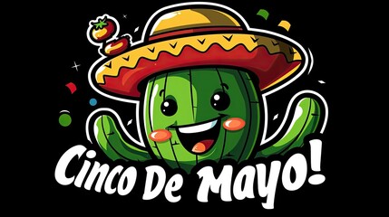 A playful cactus character in a sombrero against a black background for Cinco de Mayo.