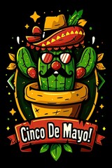 A vibrant illustration of a cactus in a sombrero celebrating Cinco de Mayo.