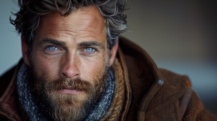 Portrait captures the essence of a man in the United States in 1920. Color portrait representation of bearded man around 30 years old.
