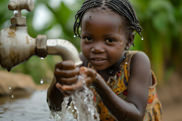 A beautiful African girl drawing water from a tap in her village