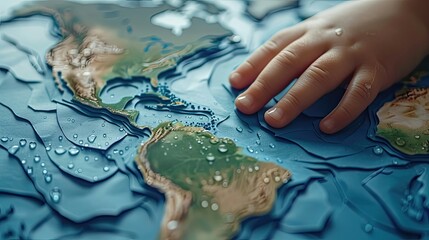 Hand touching a raised relief map with water droplets on it