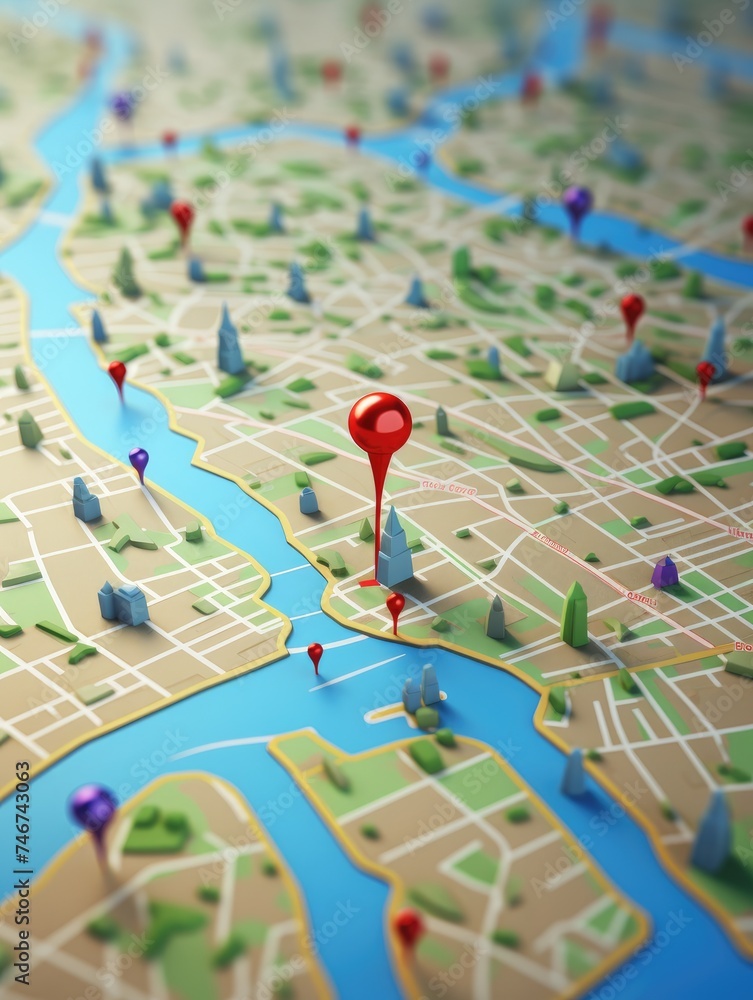 Poster 3d map travel location. locator mark of map and location pin or navigation icon sign on background w