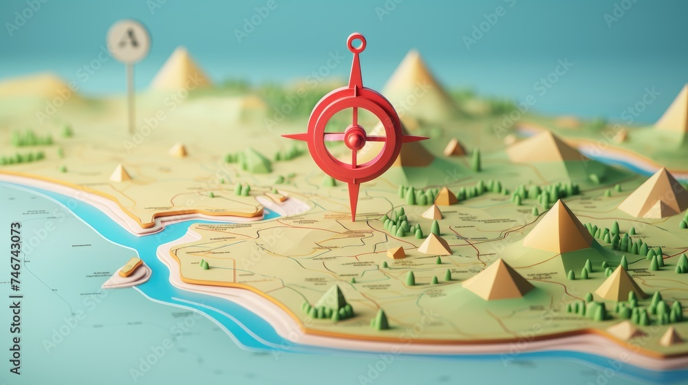 Poster 3d map travel location. locator mark of map and location pin or navigation icon sign on background w