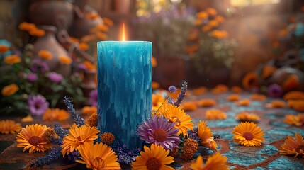 A blue candle surrounded by marigold and lavender. Gothic abstract style. Ai generative