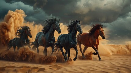 Galloping horses in a dramatic desert scene