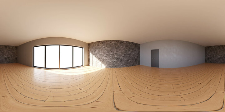 Empty modern room with panoramic windows and hardwood floors at daytime 360 panorama vr environment map