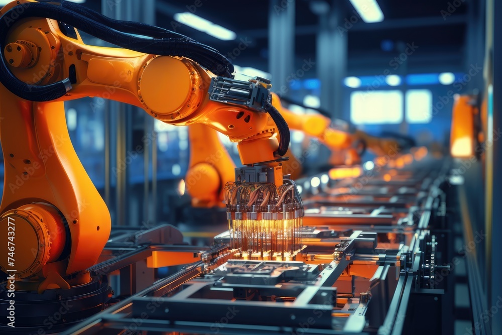 Leinwandbilder robotic arm for electronic assembly line. smart modern factory automation using advanced machines.